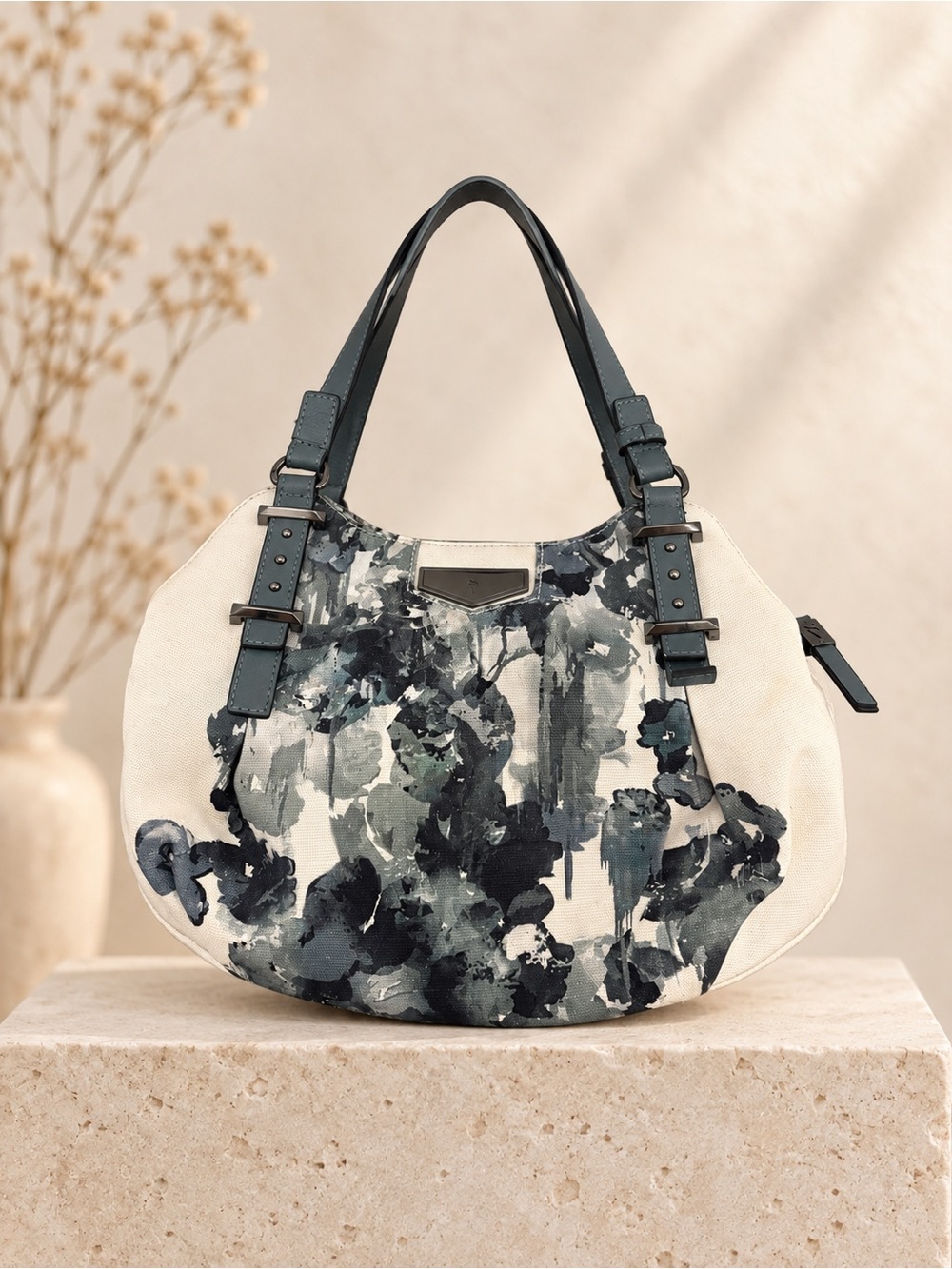 Canvas Floral-Print Shoulder Bag in Ivory and Slate Blue